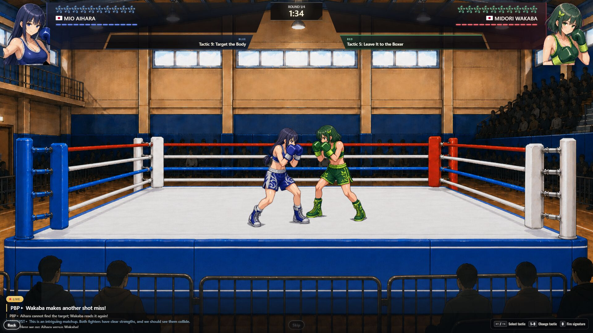 拳击少女养成|Bloom Blow|官方中文|容量3.98G插图2咸鱼单机官网 Mio Aihara and Midori Wakaba box in the ring, with health, stamina, round timer, tactical instructions, and live commentary.