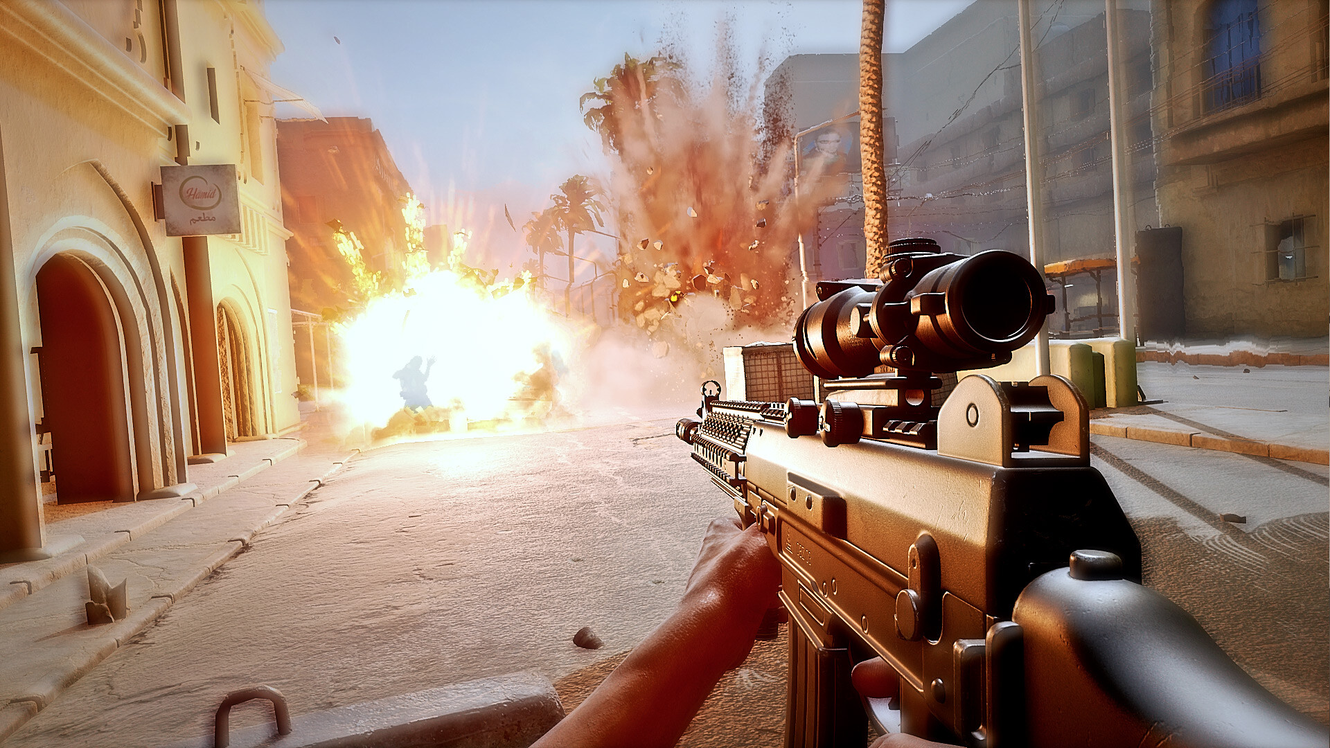 叛乱：沙漠风暴/Insurgency: Sandstorm 免费下载 人在街上使用武器，遇到火炮。游戏场景